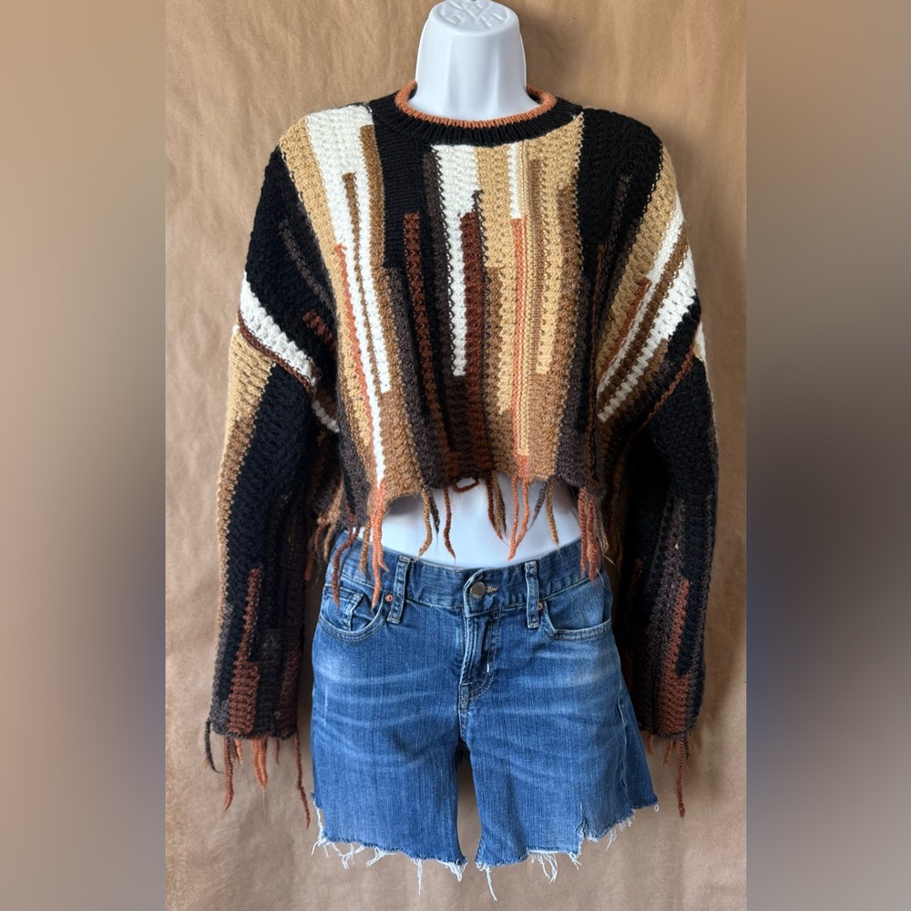 Zara Black and Brown Striped Crew Neck Sweater